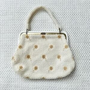 Vintage Corde Bead Bridal Snowflake Winter White Gold Clasp Top Handle Bag